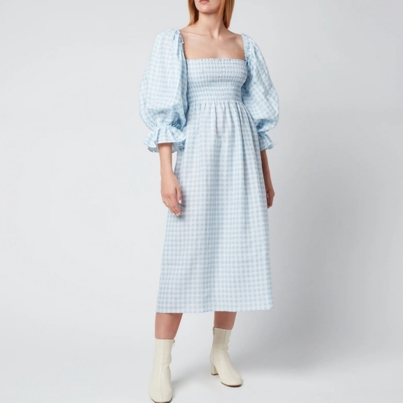 Sleeper 100% linen blue and white gingham atlanta midi dress, small - Picture 6 of 12